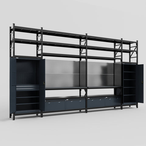 M1221 Modular Work Bench with Shelves - H3100mm x W5700mm | Laminate WBT | Dark Grey