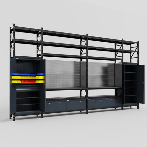 M1221 Modular Work Bench with Shelves - H3100mm x W5700mm | Laminate WBT | Dark Grey