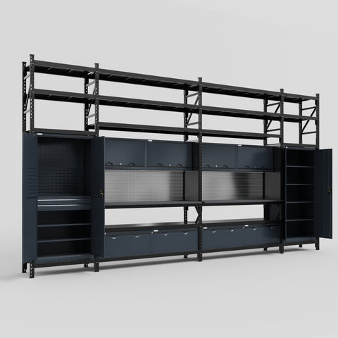 M1221 Modular Work Bench with Shelves - H3100mm x W5700mm | Laminate WBT | Dark Grey