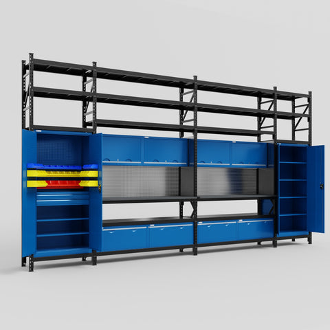 M1221 Modular Work Bench with Shelves - H3100mm x W5700mm | Laminate WBT | Blue