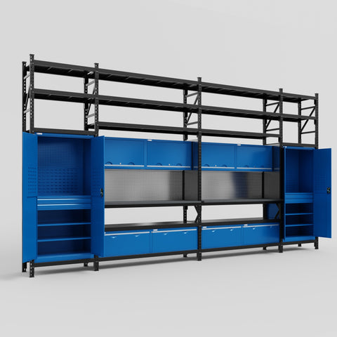 M1221 Modular Work Bench with Shelves - H3100mm x W5700mm | Laminate WBT | Blue