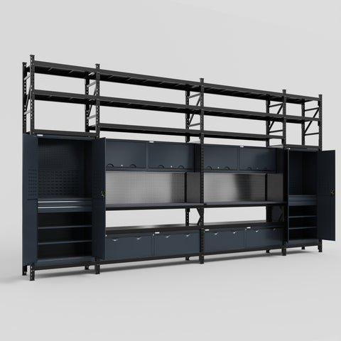 M1221 Modular Work Bench with Shelves - H3100mm x W5700mm | Laminate WBT | Dark Grey
