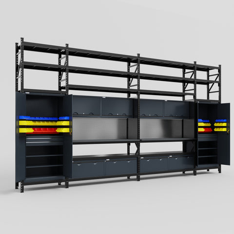 M1221 Modular Work Bench with Shelves - H3100mm x W5700mm | Laminate WBT | Dark Grey