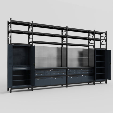 M1221 Modular Work Bench with Shelves - H3100mm x W5700mm | Laminate WBT | Dark Grey