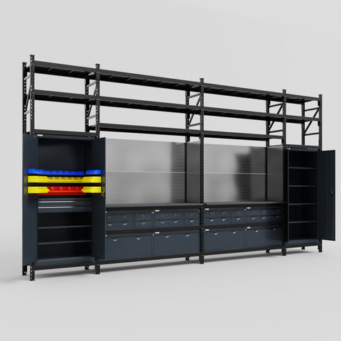 M1221 Modular Work Bench with Shelves - H3100mm x W5700mm | Laminate WBT | Dark Grey