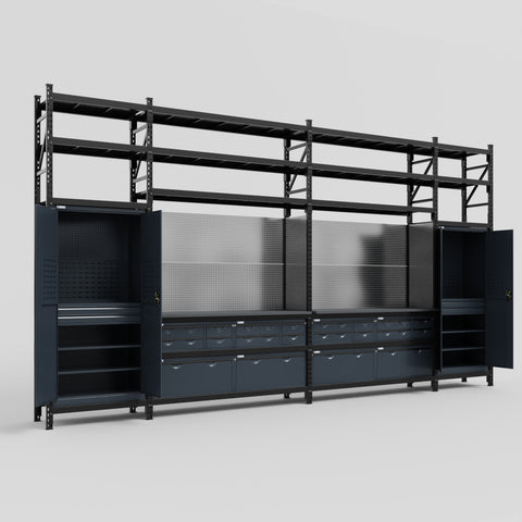 M1221 Modular Work Bench with Shelves - H3100mm x W5700mm | Laminate WBT | Dark Grey