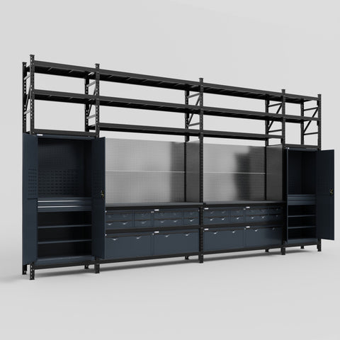 M1221 Modular Work Bench with Shelves - H3100mm x W5700mm | Laminate WBT | Dark Grey