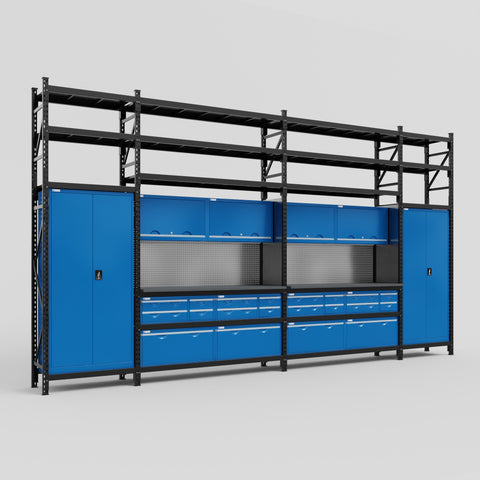 M1221 Modular Work Bench with Shelves - H3100mm x W5700mm | Laminate WBT | Blue