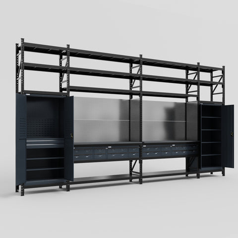 M1221 Modular Work Bench with Shelves - H3100mm x W5700mm | Laminate WBT | Dark Grey