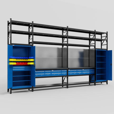 M1221 Modular Work Bench with Shelves - H3100mm x W5700mm | Laminate WBT | Blue