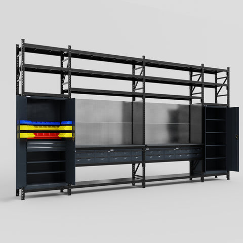 M1221 Modular Work Bench with Shelves - H3100mm x W5700mm | Laminate WBT | Dark Grey