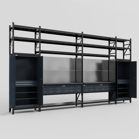 M1221 Modular Work Bench with Shelves - H3100mm x W5700mm | Laminate WBT | Dark Grey