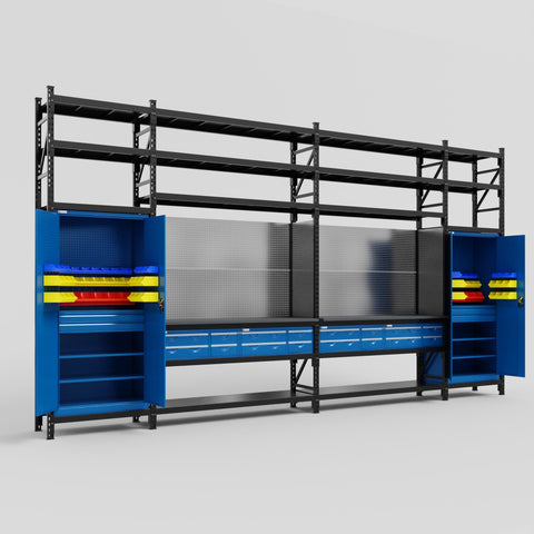 M1221 Modular Work Bench with Shelves - H3100mm x W5700mm | Laminate WBT | Blue