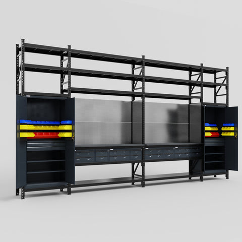 M1221 Modular Work Bench with Shelves - H3100mm x W5700mm | Laminate WBT | Dark Grey