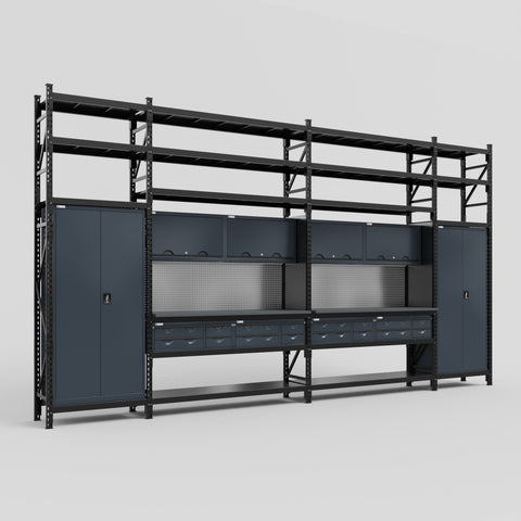 M1221 Modular Work Bench with Shelves - H3100mm x W5700mm | Laminate WBT | Dark Grey