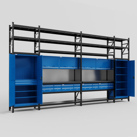 M1221 Modular Work Bench with Shelves - H3100mm x W5700mm | Laminate WBT | Blue