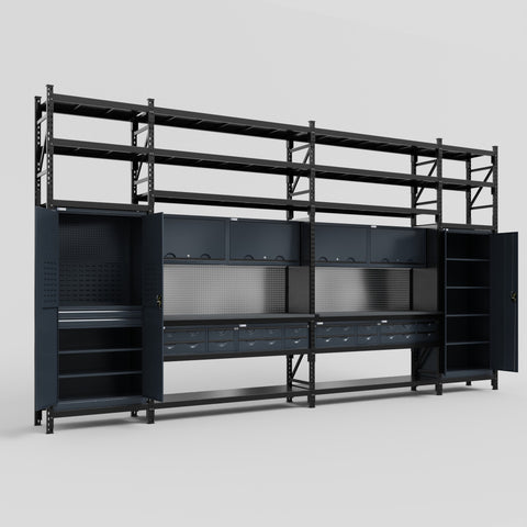 M1221 Modular Work Bench with Shelves - H3100mm x W5700mm | Laminate WBT | Dark Grey