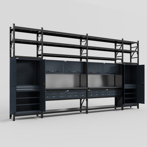 M1221 Modular Work Bench with Shelves - H3100mm x W5700mm | Laminate WBT | Dark Grey