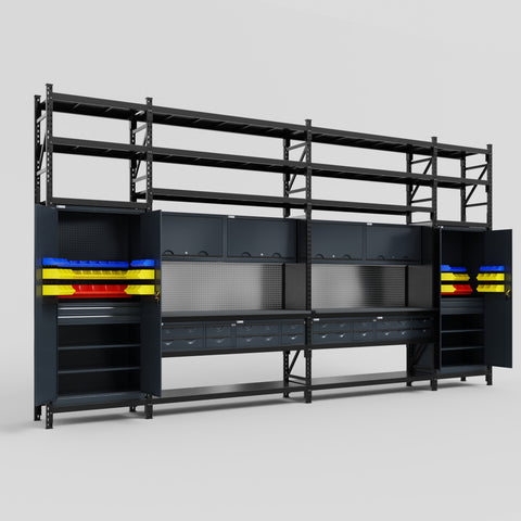 M1221 Modular Work Bench with Shelves - H3100mm x W5700mm | Laminate WBT | Dark Grey
