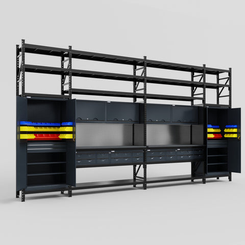 M1221 Modular Work Bench with Shelves - H3100mm x W5700mm | Laminate WBT | Dark Grey