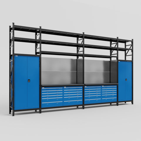 M1221 Modular Work Bench with Shelves - H3100mm x W5700mm | Laminate WBT | Blue