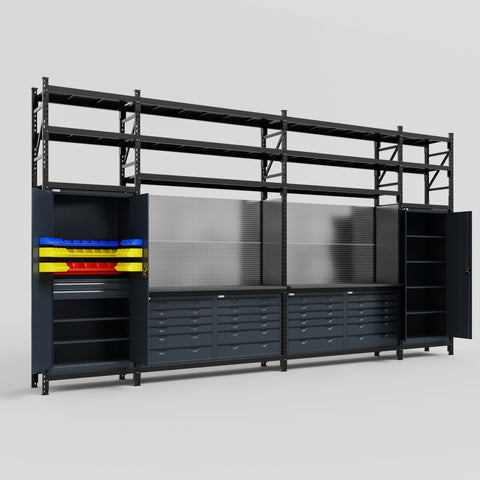 M1221 Modular Work Bench with Shelves - H3100mm x W5700mm | Laminate WBT | Dark Grey