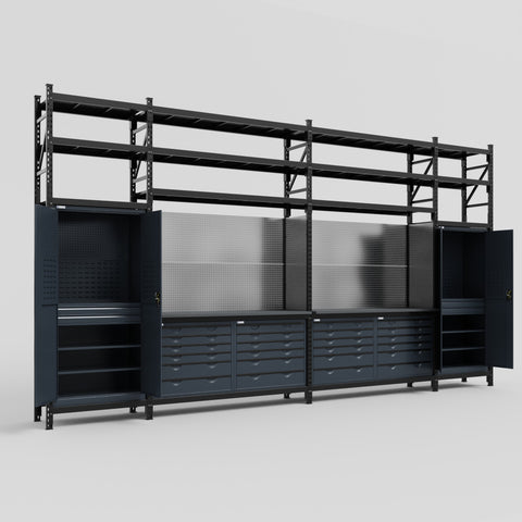 M1221 Modular Work Bench with Shelves - H3100mm x W5700mm | Laminate WBT | Dark Grey