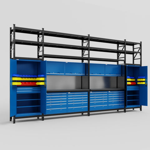 M1221 Modular Work Bench with Shelves - H3100mm x W5700mm | Laminate WBT | Blue