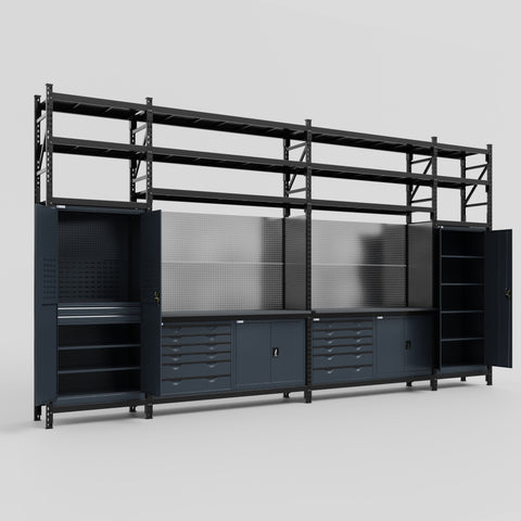 M1221-3S Modular Work Bench with Shelves - H3100mm x W5700mm | Laminate WBT | Dark Grey