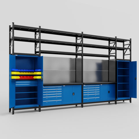 M1221-3S Modular Work Bench with Shelves - H3100mm x W5700mm | Laminate WBT | Blue
