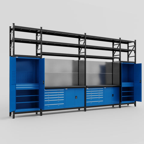 M1221-3S Modular Work Bench with Shelves - H3100mm x W5700mm | Laminate WBT | Blue