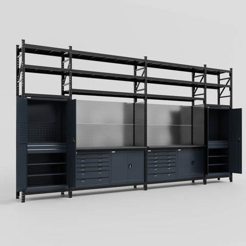 M1221-3S Modular Work Bench with Shelves - H3100mm x W5700mm | Laminate WBT | Dark Grey