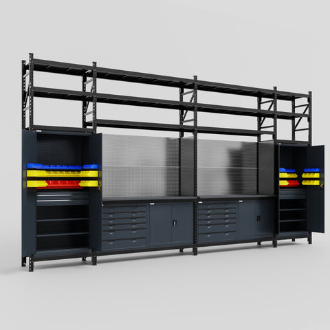 M1221-3S Modular Work Bench with Shelves - H3100mm x W5700mm | Laminate WBT | Dark Grey
