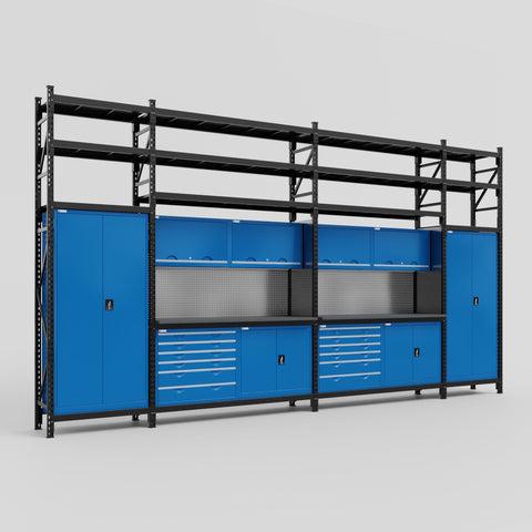 M1221-3S Modular Work Bench with Shelves - H3100mm x W5700mm | Laminate WBT | Blue