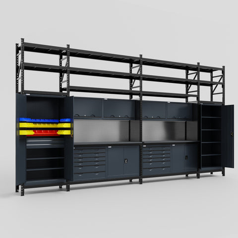 M1221-3S Modular Work Bench with Shelves - H3100mm x W5700mm | Laminate WBT | Dark Grey
