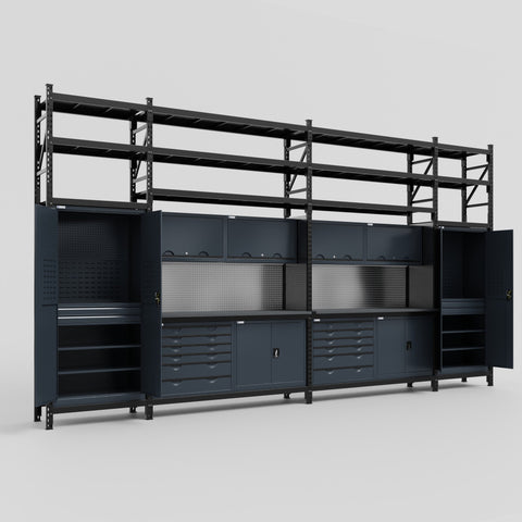 M1221-3S Modular Work Bench with Shelves - H3100mm x W5700mm | Laminate WBT | Dark Grey