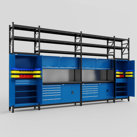 M1221-3S Modular Work Bench with Shelves - H3100mm x W5700mm | Laminate WBT | Blue