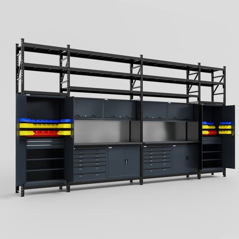 M1221-3S Modular Work Bench with Shelves - H3100mm x W5700mm | Laminate WBT | Dark Grey