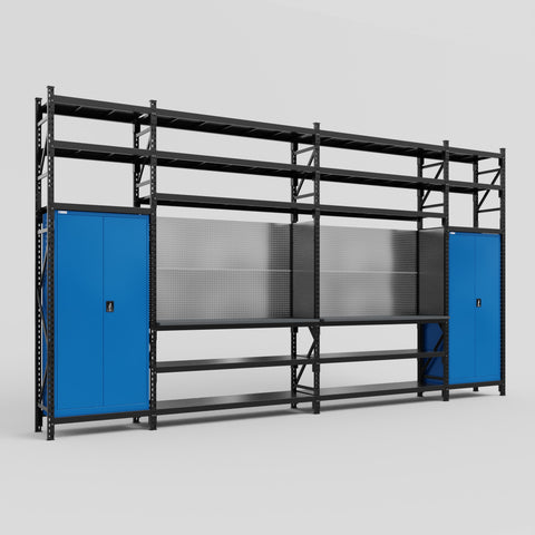 M1221 Modular Work Bench with Shelves - H3100mm x W5700mm | Laminate WBT | Blue