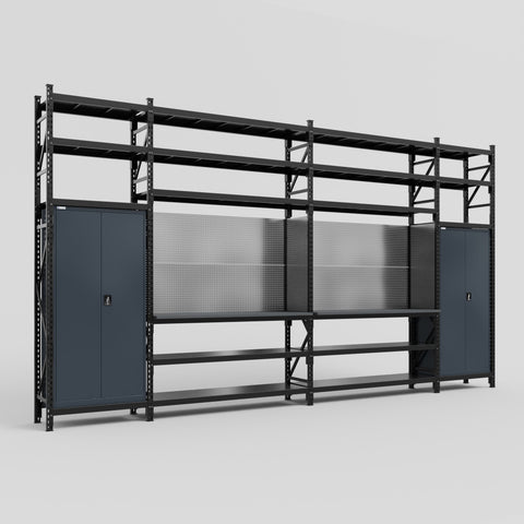 M1221 Modular Work Bench with Shelves - H3100mm x W5700mm | Laminate WBT | Dark Grey