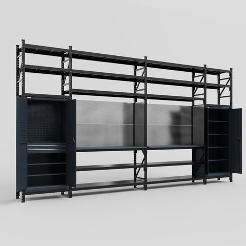 M1221 Modular Work Bench with Shelves - H3100mm x W5700mm | Laminate WBT | Dark Grey
