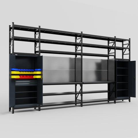 M1221 Modular Work Bench with Shelves - H3100mm x W5700mm | Laminate WBT | Dark Grey