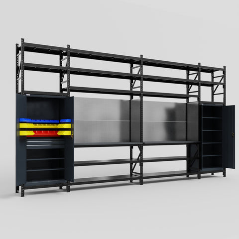 M1221 Modular Work Bench with Shelves - H3100mm x W5700mm | Laminate WBT | Dark Grey