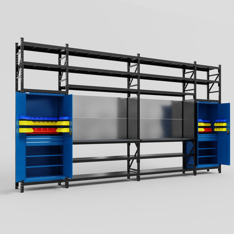 M1221 Modular Work Bench with Shelves - H3100mm x W5700mm | Laminate WBT | Blue