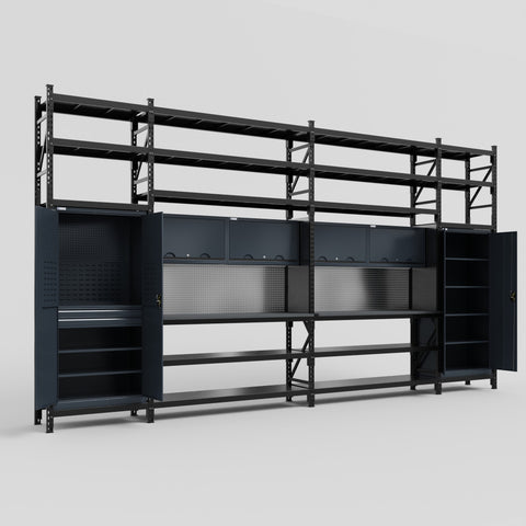 M1221 Modular Work Bench with Shelves - H3100mm x W5700mm | Laminate WBT | Dark Grey