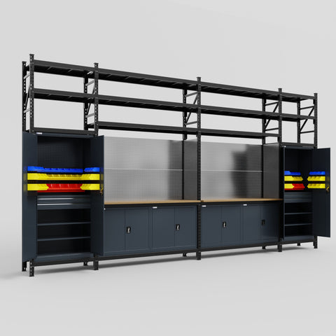 M1221 Modular Work Bench with Shelves - H3100mm x W5700mm | MDF WBT | Dark Grey