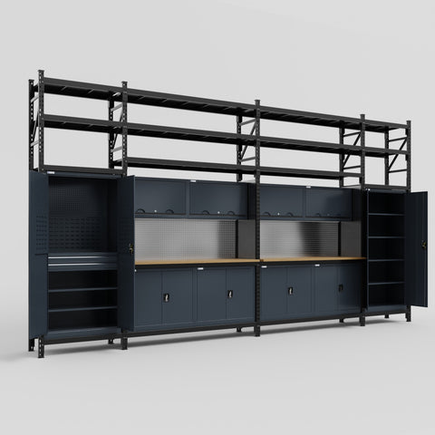 M1221 Modular Work Bench with Shelves - H3100mm x W5700mm | MDF WBT | Dark Grey