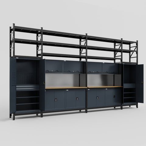 M1221 Modular Work Bench with Shelves - H3100mm x W5700mm | MDF WBT | Dark Grey