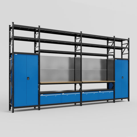 M1221 Modular Work Bench with Shelves - H3100mm x W5700mm | MDF WBT | Blue
