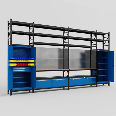 M1221 Modular Work Bench with Shelves - H3100mm x W5700mm | MDF WBT | Blue